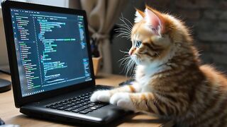 A Fluffy kitten use the computer