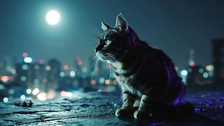 Rooftop King A Lone Cat Overlooking the Neon City  Cinematic 4K
