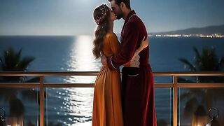 Newly Married Couple Romance in Night View in Ocean and Jump in Water Together