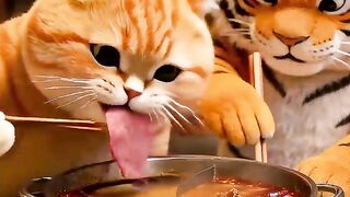 The cat and the tiger are eating hotpot together.