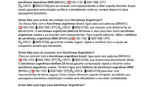 Qual é a forma de contato da Aerolíneas Argentinas no Brasil?