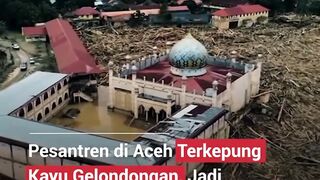 Banjir bandang disertai lautan kayu gelondongan menerjang Kabupaten Aceh Tamiang.