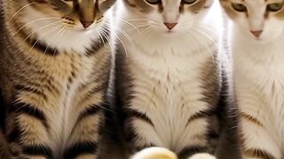 The cat watches the chickens fight