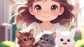 A girl on a bicycle with 3 cats