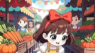 A girl and her friends are in the market, cats are in the market