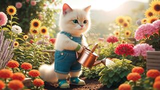 A white cat waters the roses