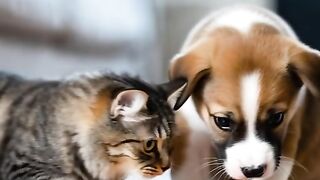 A cat and a dog playing with a ball