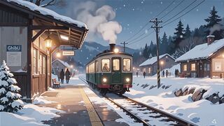 A small countryside train arrives slowly at a snowy winter Ghibli