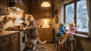 In a snowstorm, a mother cat and two kittens saved a baby chick.