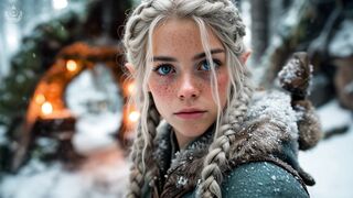 Cozy Elven Winter Sanctuary Enchanted Village Protective Wolf