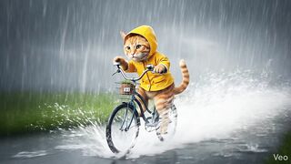 Beatifull orange cat riding bicycle on the road while heavy rain is falling