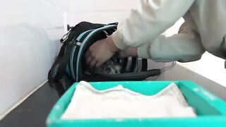 Gently bathing two kittens that have not opened their eyes yet
