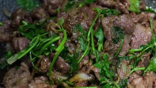 Camping by the creek | Enjoying cilantro beef, shrimp paste, and potato noodles while the creek babbles past your feet