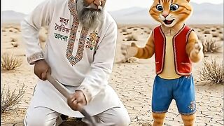 দাদু ও বিড়াল মরুভূমিতে গর্ত করে এবং পানি ঢালে