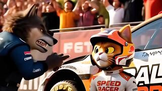 Orange Cat Mocked by Wolves in a Rally Car Race