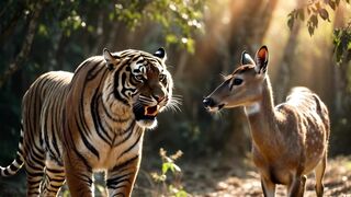 Tiger and Deer Face-to-Face in a Forest Clearing