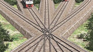 Many train locomotives crossing track