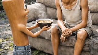 Wood man makes food