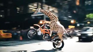 Funny giraffe on a motorcycle