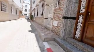 A cute pregnant cat is sitting on the side of a house waiting to be fed.