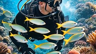 Menyelami lautan melihat pemandangan terumbu karang dan ikan ikan