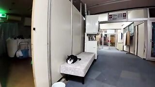 There was a cat on the bench in front of the large bath, so I sat next to it and petted it, and it jumped onto my lap.