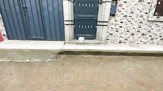 A stray cat hides from the raindrops in front of the house, waiting for someone to bring it food.