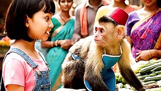छोटी लड़की बंदर से चीनी मांग रही है देखो बंदर क्या