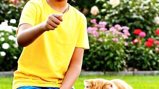 طفل يلعب مع القطة ???? في طبيعة ♥️????????