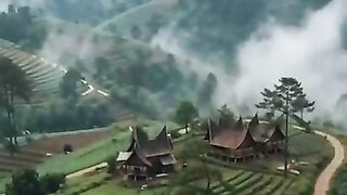 In this quiet mountain village, vegetable gardens stretch gently under the morning mist.