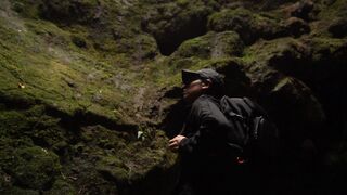 travelite - a man standing in a cave with moss on the ground | Trending HD Video