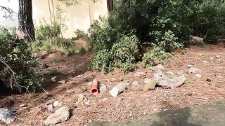 Leo the cat came running and meowing towards us from the forest