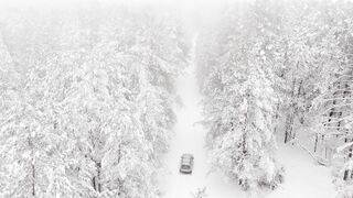 The Shy Snow Woman and the Cursed Ring - aerial shot of a moving car on the woods covered with