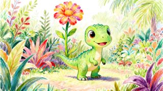 Cute Little Dino in the Garden with Many Flowers