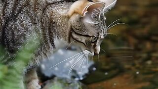 Cat try to catch fish in the river