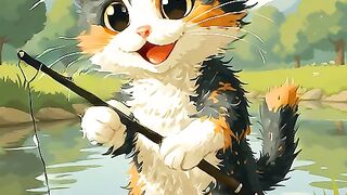 Cute Cartoon Cat Catch Fish using Fishing Rod