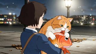 Girl Hug Cute Cat that Holding Koi Fish