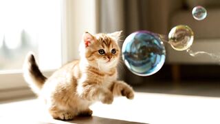 Cute Moment of Kitten Chasing Soap Bubbles ????