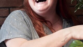 The Shy Snow Woman and the Cursed Ring - a woman laughing and talking while holding a bouquet o