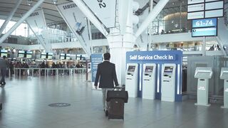 travelite - a passenger standing in front of a self service check in | Trending HD Video