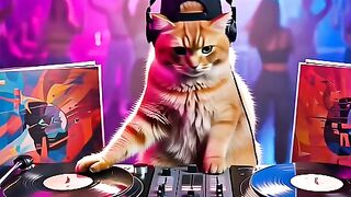 “Purrfect Beats: Cat DJ at a Neon Party”