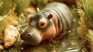 Tiny Hippopotamus Relaxing in a Miniature Pond – A Realistic Wildlife Miniature Scene
