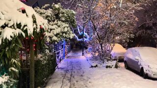 The Shy Snow Woman and the Cursed Ring - a sidewalk covered in snow brightened by christmas lig