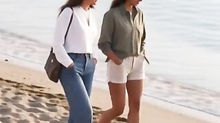 Two women walk at ocean