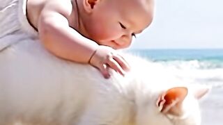 kitten give the bread to baby
