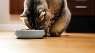 Kucing sedang makan di rumah