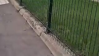 With an amputated leg and crying in the street,