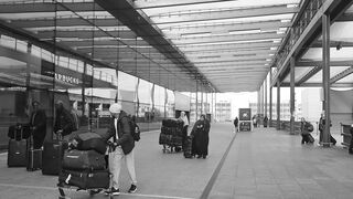 Travelon - passengers with luggage at airport terminal entrance | Trending HD Video