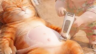 n orange cat gets shaved and accidentally falls into a treasure trove, instantly becomes rich enough to drive a sports car.