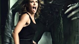 She stumbles slightly, then notices something